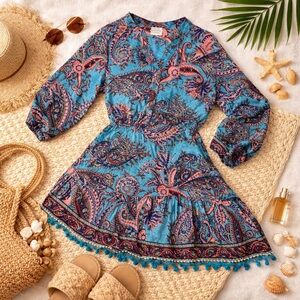 Boho Paisley Silk Blend Tunic Dress Teal Pink Pom Pom Hem Peasant Sleeve M/L